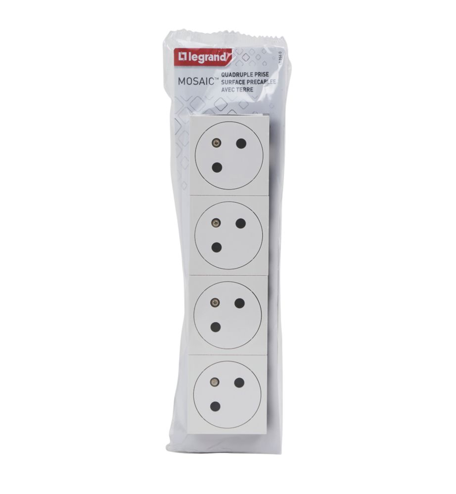 Prise quadruple à encastrer 4 modules Legrand Mosaic 2P-T 16A, avec broche de terre, sans cadre blanc, 1 pièce