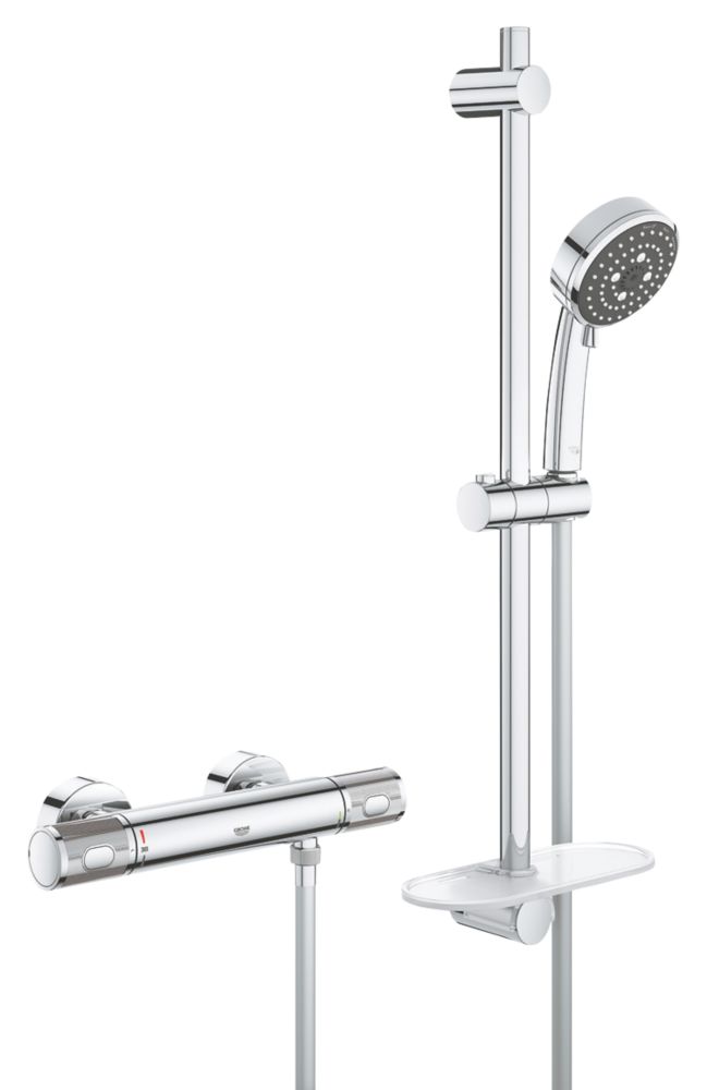 Douche avec mitigeur carré thermostatique exposé chrome Grohe Precision Feel avec arrivée d'eau murale HP