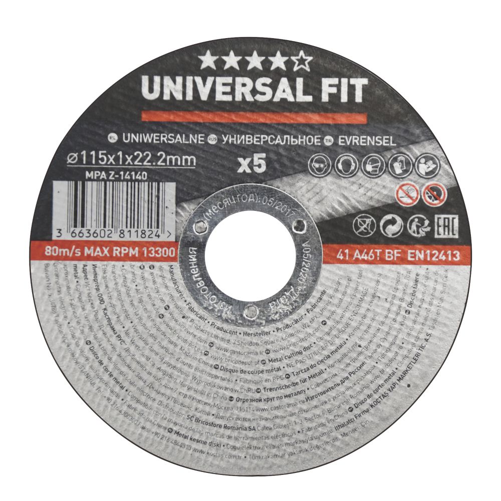 Lot de 5 disques à tronçonner métal 115 mm x 1 x 22,2 mm,