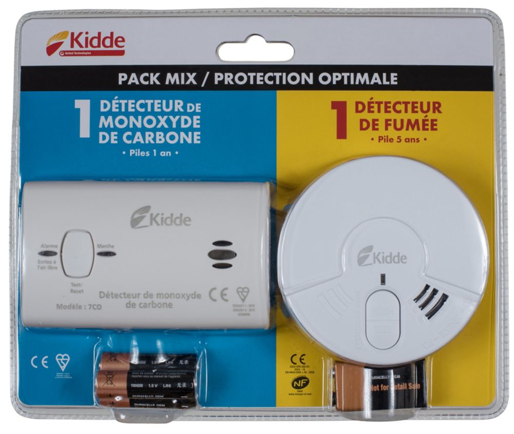 Détecteur de fumée et détecteur de monoxyde de carbone autonomes à pile Kidde, lot de 2
