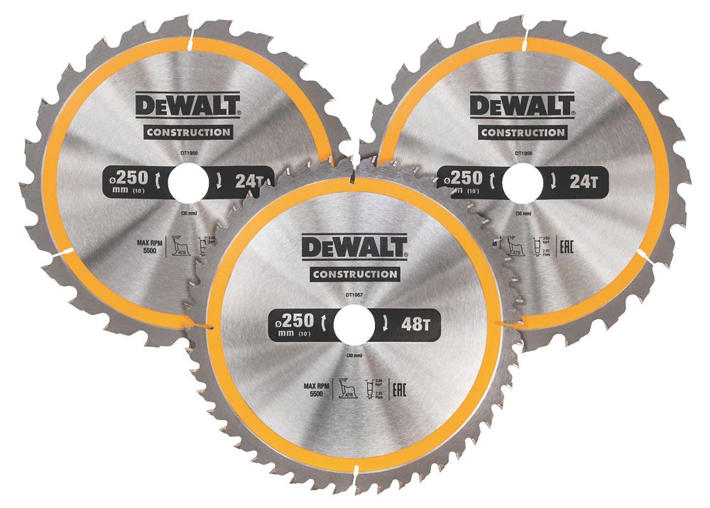Lot de 3 lames de scie circulaire 250 x 30mm 24 / 48 dents DeWalt
