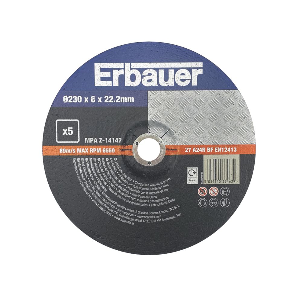 Lot de 5 disques à meuler pour métal 230 mm x 6 mm x 22,2 mm Erbauer