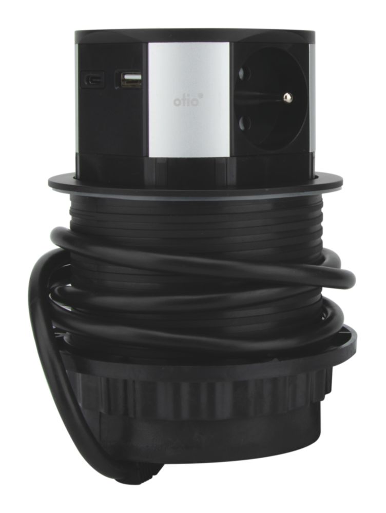 Bloc chargeur à induction rétractable avec USB sans interrupteur 3 modules 16A/3A Otio noir, 1,5m