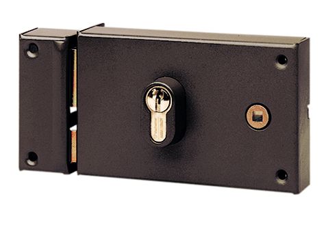 Serrure en applique monopoint horizontale à fouillot pour cylindre profil européen. Marron gauche