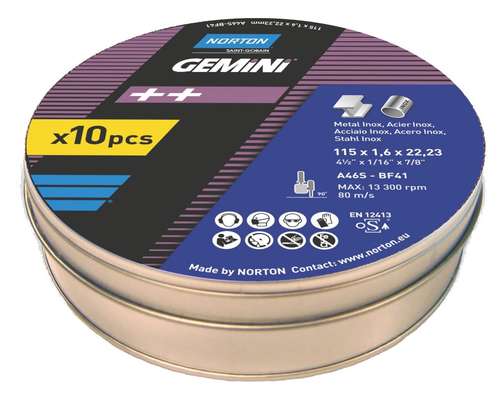 Lot de 10 disques à tronçonner inox 115 mm x 1,6 x 22,23 mm Norton