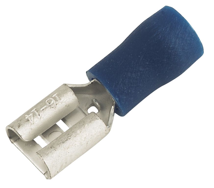 100 cosses à sertir enfichables (F) isolées bleues 6,3mm
