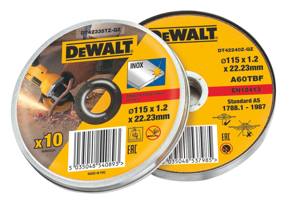 Lot de 10 disques à tronçonner métal inox 115 mm x 1,2 x 22,2 mm DT42335TZ-QZ DeWalt