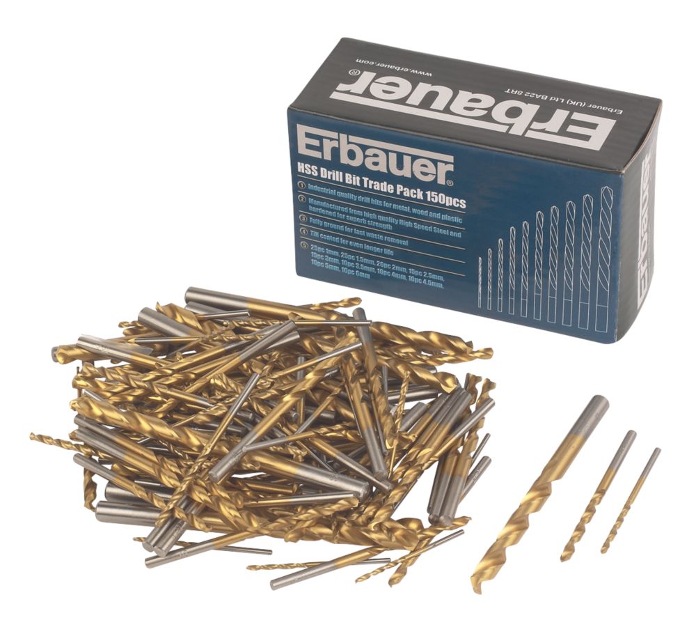 Jeu professionnel de 150 forets HSS à queue droite Erbauer