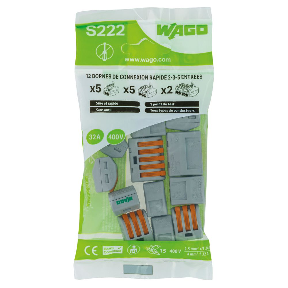 Connecteurs à levier 2/3 ou 5 entrées 32A Wago S222, lot de 12