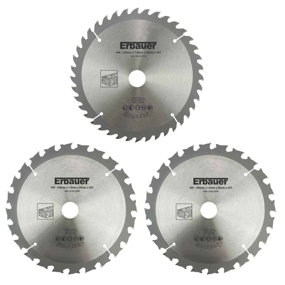 Lot de 3 lames de scie circulaire bois 165mm x 20mm 24/40 dents Erbauer