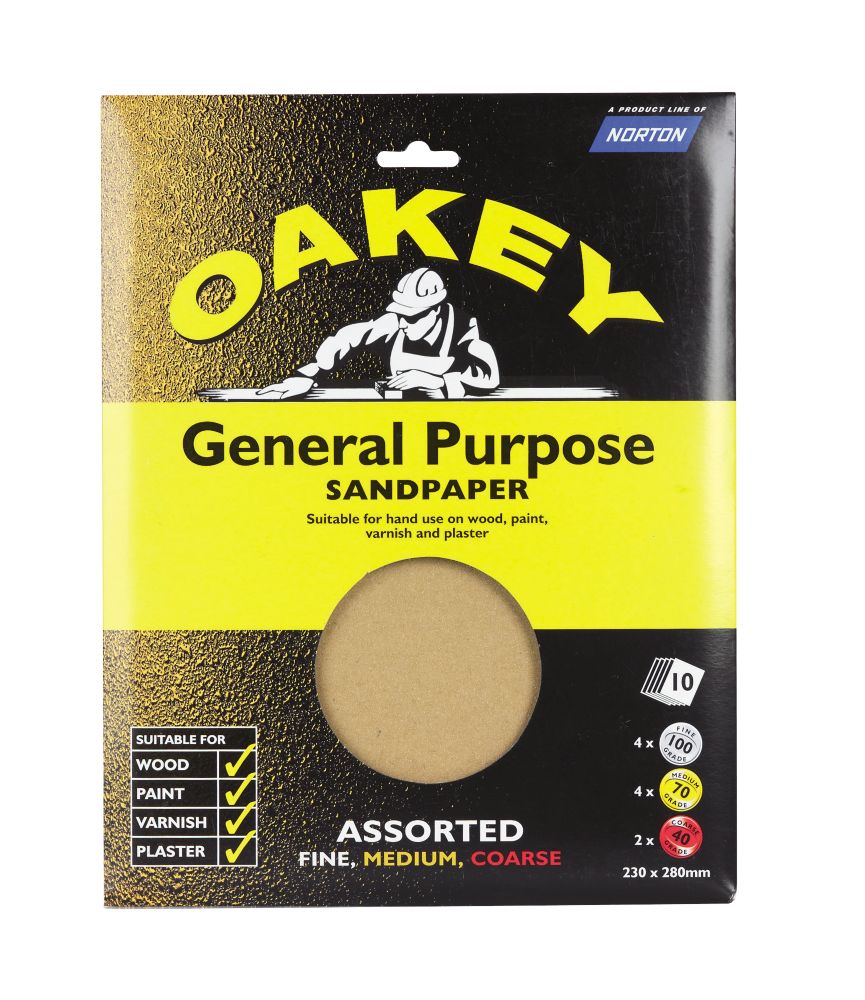 Lot de 10 papiers abrasifs ponceuse rectangulaire non perforé 280 x 230mm grains assortis Oakey