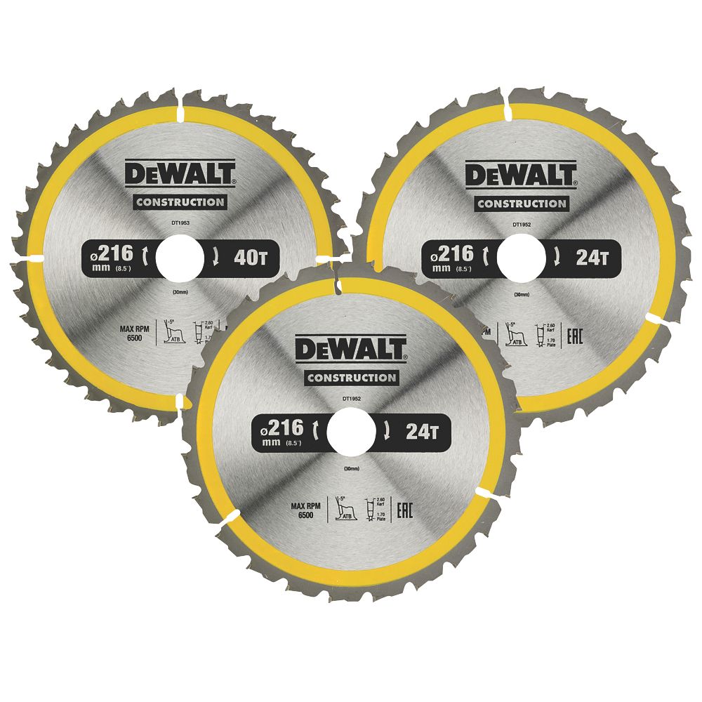 Lot de 3 lames de scie circulaire de construction 216 x 30mm 24 / 40 dents DeWalt