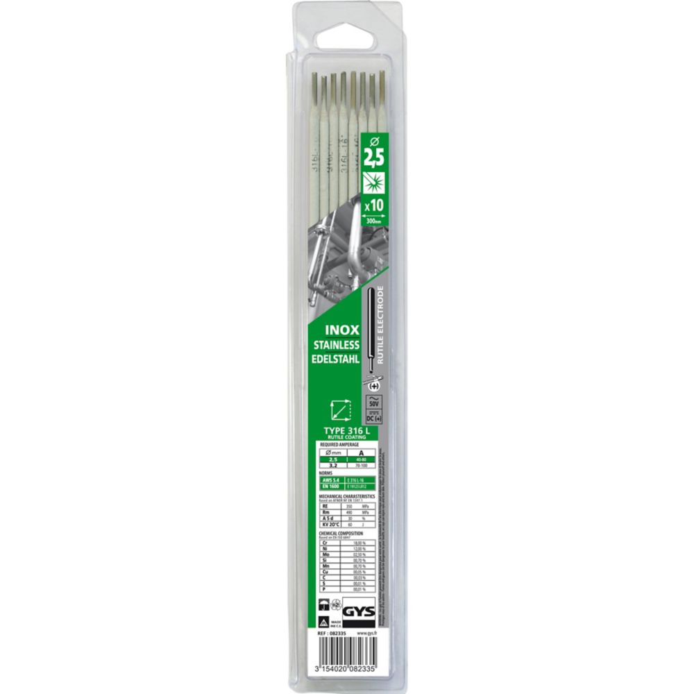 Électrodes de soudage en acier inoxydable Gys 082335, 2,5 x 300mm 0,24kg, lot de 10