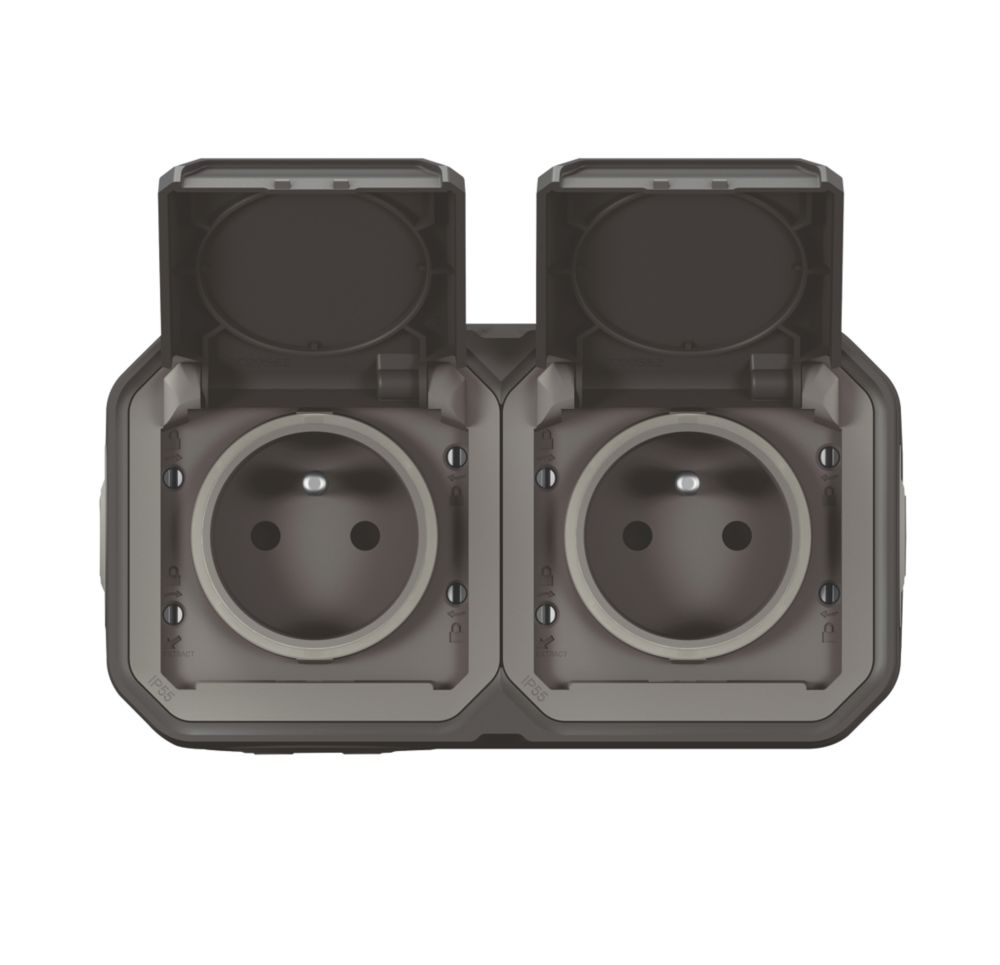 Double prise terre 2 postes étanche pose horizontale complet anthracite Legrand Plexo