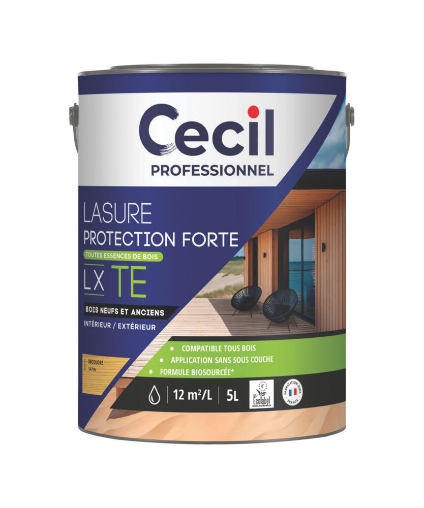 Lasure pour bois intérieur et extérieur à base d'acrylique transparent satin 5L Cecil Professionnal
