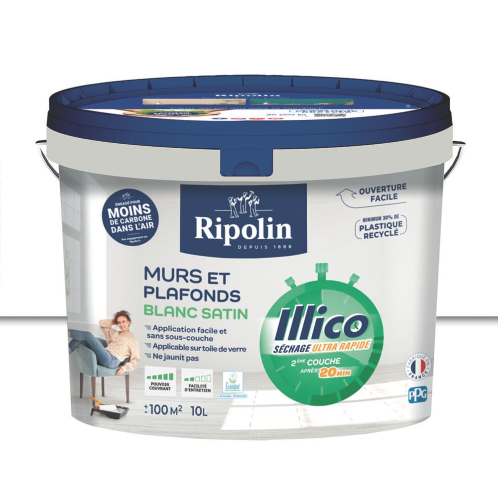 Peinture mur et plafond blanc satin RIPOLIN Illico 10L