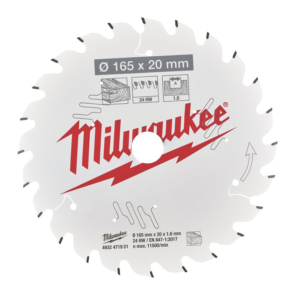  Lame de scie circulaire pour bois Milwaukee 165mm x 20mm 24T 