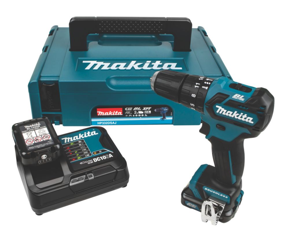 Perceuse visseuse à percussion sans fil et brushless Makita HP332DSAJ 10,8V 2x2,0Ah Li-Ion CXT 