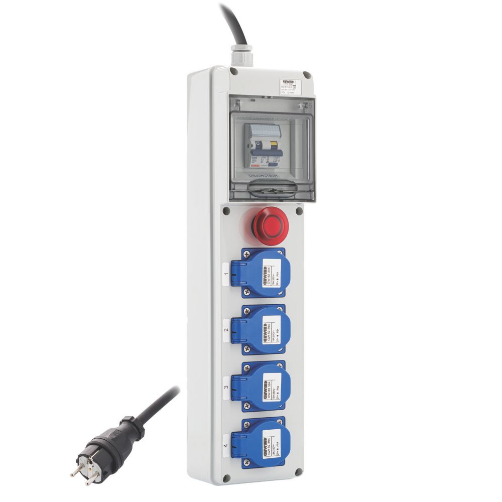 Coffret de chantier IP44 monophasé avec différentiel général 3MA + 4 prises 23V 16A + arrêt d’urgence + câble 3m HO7 3X2.5MM² Gewiss