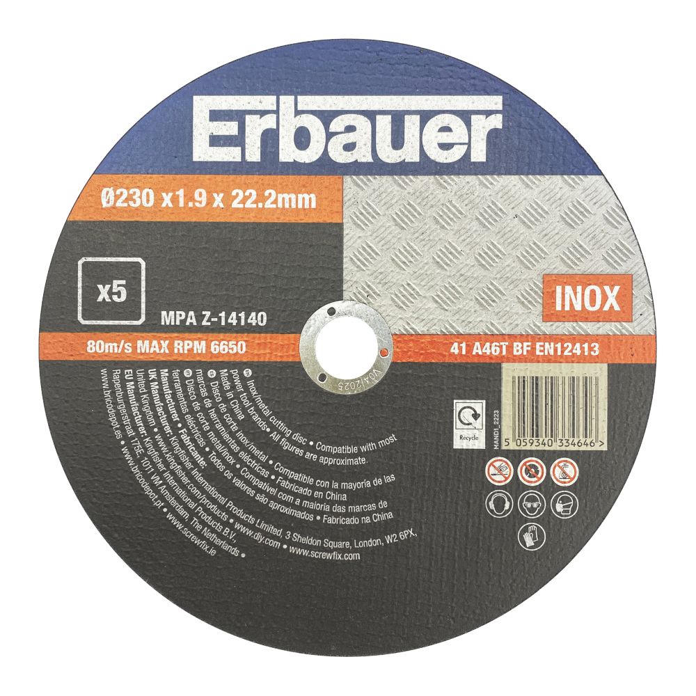 Lot de 5 disques à tronçonner métal 230 mm x 1,9 mm x 22,2 mm Erbauer