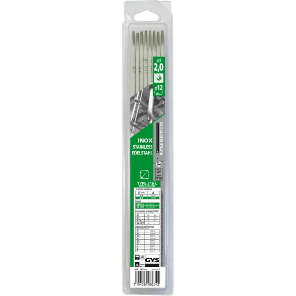 Électrodes de soudage en acier inoxydable Gys 082359, 2,0 x 300mm 0,16kg, lot de 12