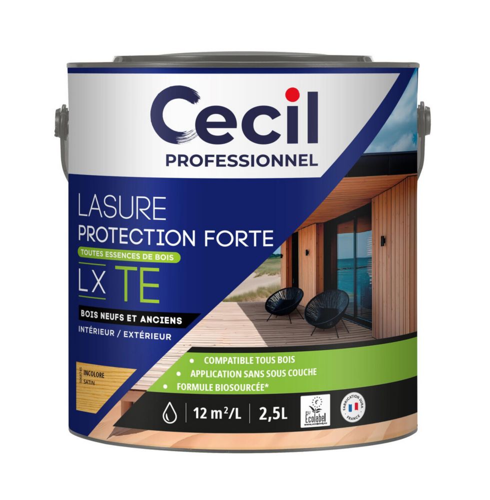 Lasure pour bois intérieur et extérieur à base d'acrylique transparent satin 2,5L Cecil Professionnal