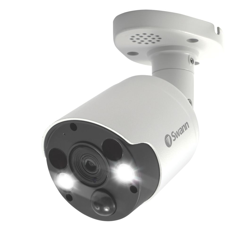 Caméra de vidéosurveillance NVR additionnelle ronde d'extérieur 4K filaire blanche Swann SWNHD-887MSFB-EU avec témoins d'avertissement