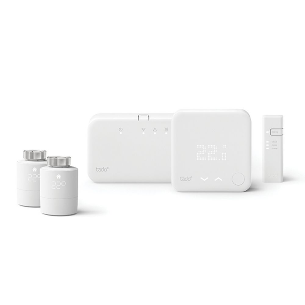 Kit de démarrage de thermostat à eau chaude et chauffage sans fil Tado V3+ avec 2 têtes, blanc