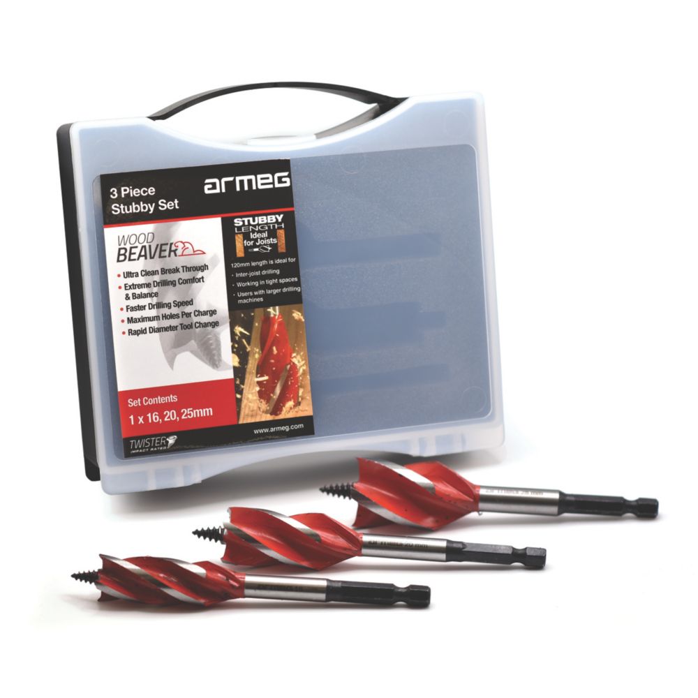 Coffret de 3 forets à bois courts à 4 cannelures 120 x 16-25mm Wood Beaver Armeg