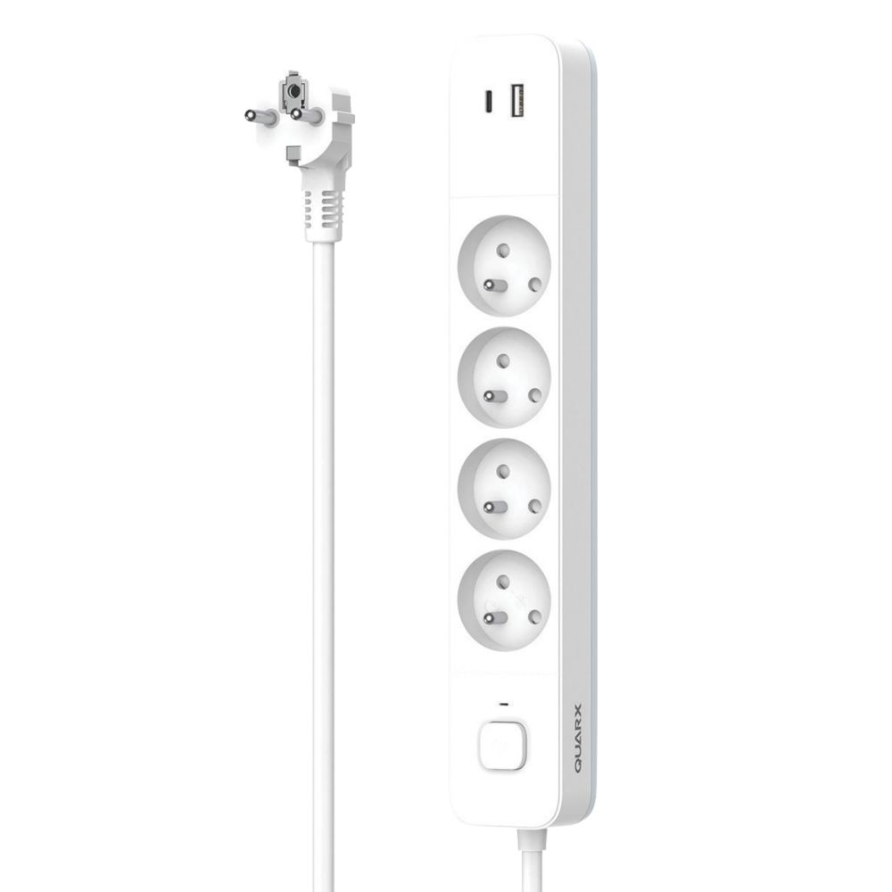 Bloc multiprises NF 2P+T 16A avec interrupteur Quarx 4 prises + USB C, 1,50  m - blanc, Multiprises