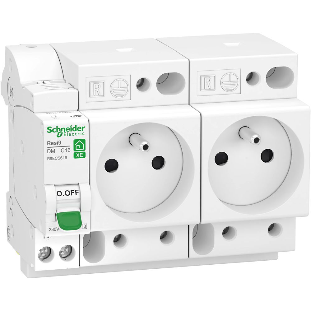 Combiné disjoncteur et 2 prises de courant 16A type C Auto 3kA 1P+N embrochable Resi9 XE Schneider