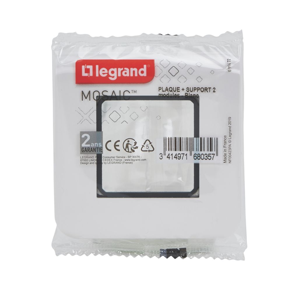 Plaque de finition 1 poste 2 modules Mosaic blanc Legrand