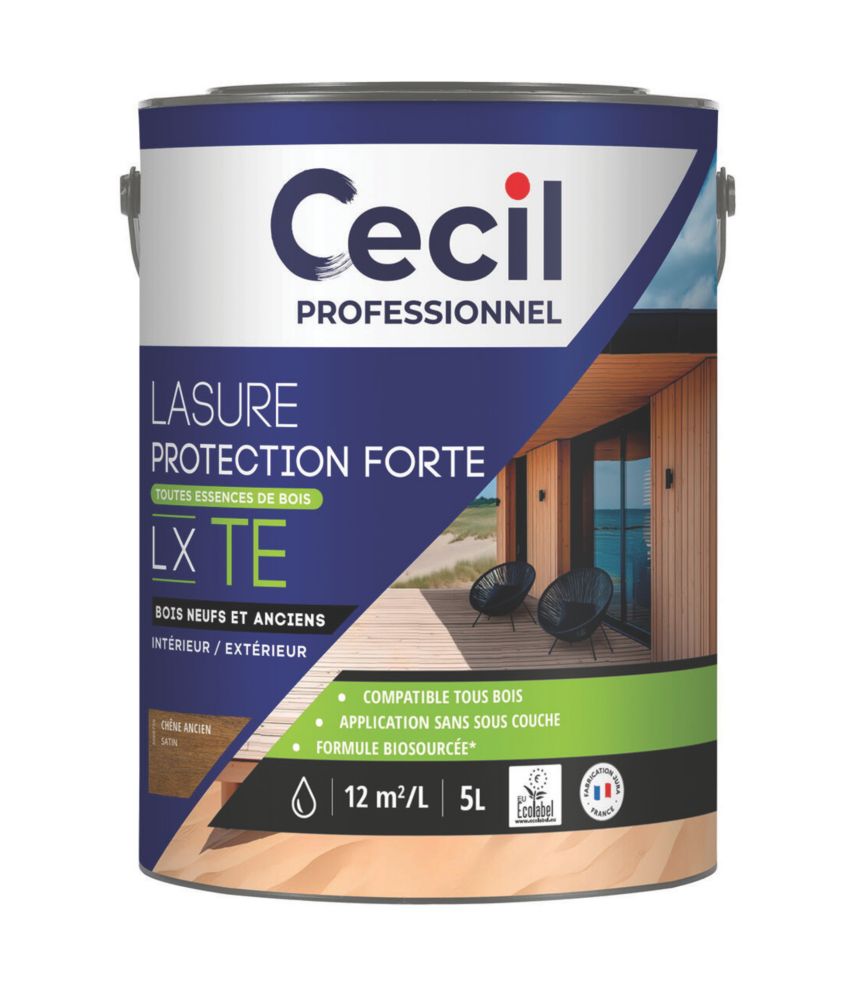 Lasure pour bois intérieur et extérieur à base d'acrylique chêne ancien satiné 5L Cecil Professionnal