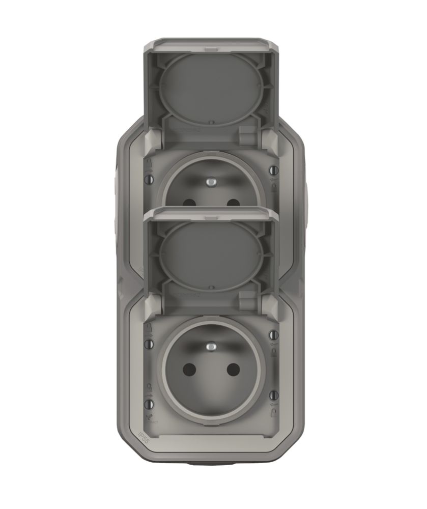 Double prise terre 2 postes étanche pose verticale complet grise Legrand Plexo