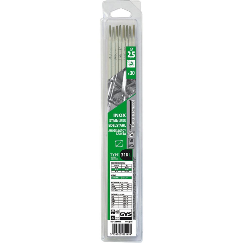 Électrodes de soudage en acier inoxydable Gys 081499, 2,5 x 300mm 0,62kg, lot de 30