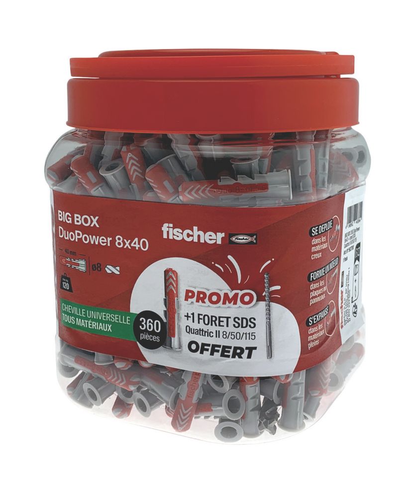 Cheville en nylon bi-matériau et foret 8mm x 40mm Fischer DuoPower 360 pièces