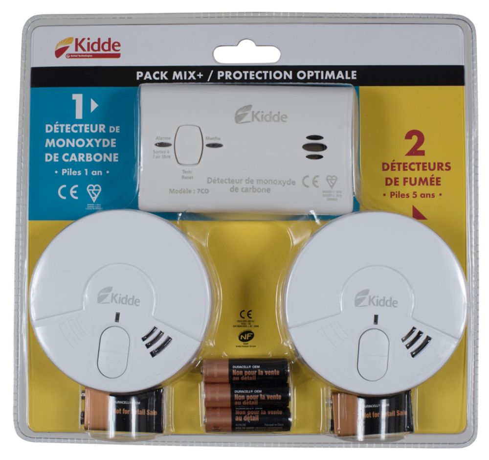 Détecteurs de fumée et détecteur de monoxyde de carbone autonomes à pile Kidde, lot de 3