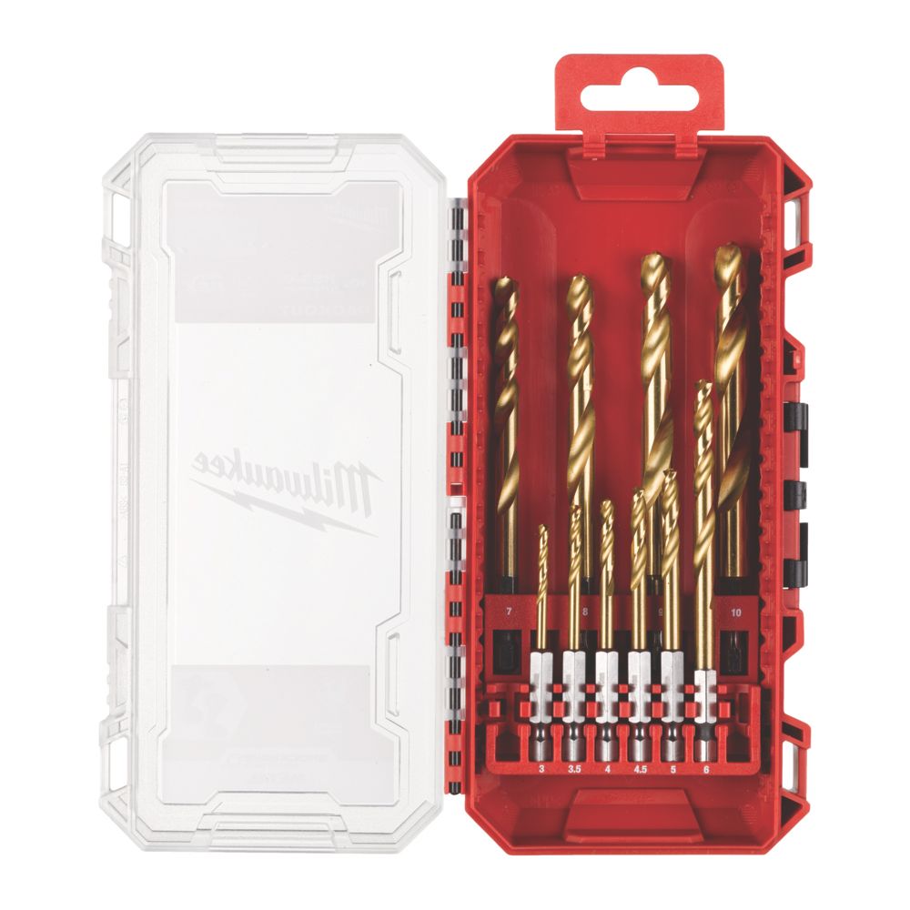 Ensemble de 10 forets multimatériaux à queue hexagonale Milwaukee Shockwave HSS-G Tin Red
