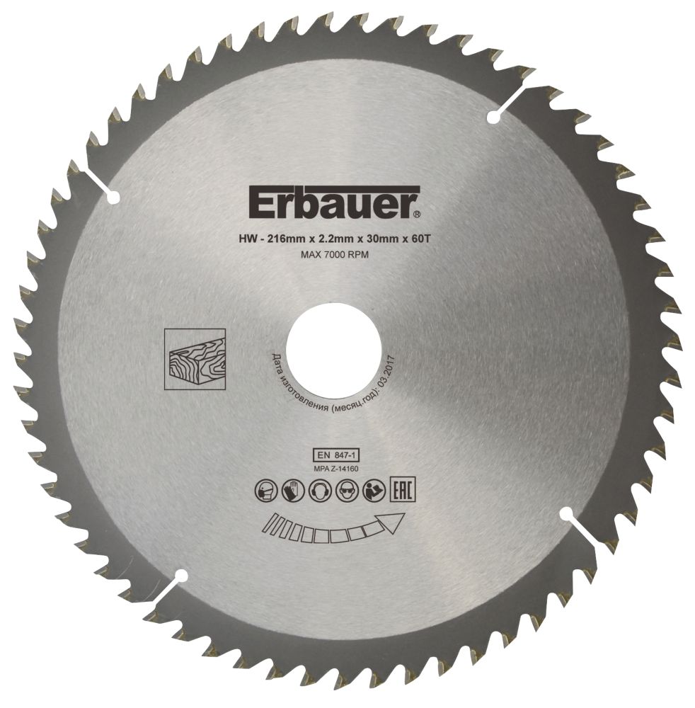 Lame de scie circulaire TCT 216 x 30mm 60 dents Erbauer