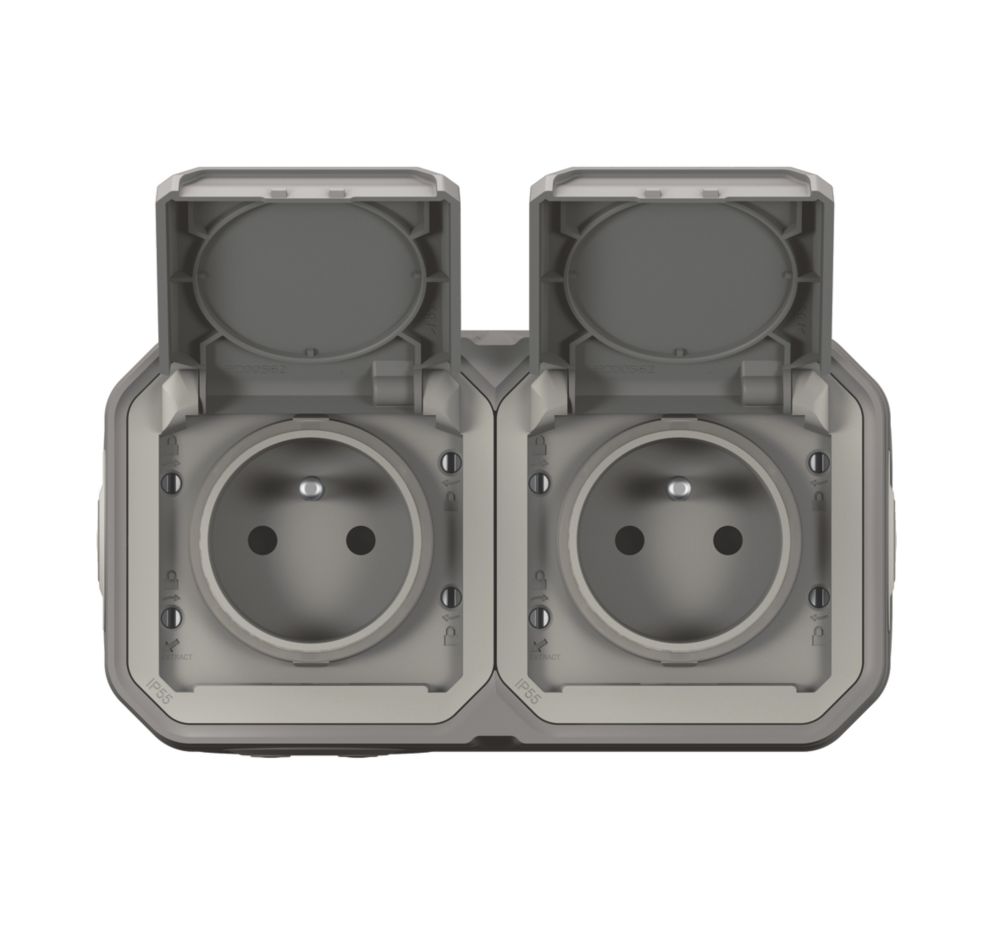 Double prise terre 2 postes étanche pose horizontale complet grise Legrand Plexo