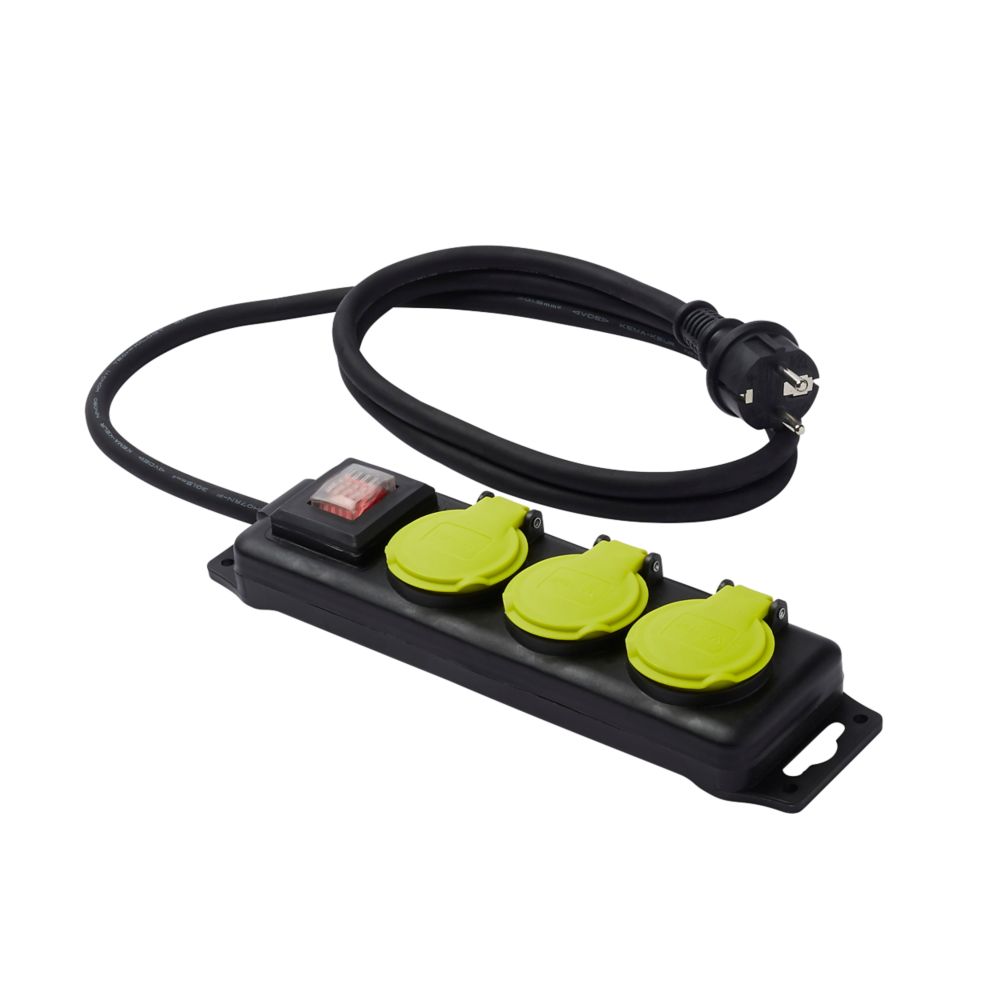 Rallonge multiprise étanche Diall, 1.5m, 3 prises, 16A, noire, avec interrupteur