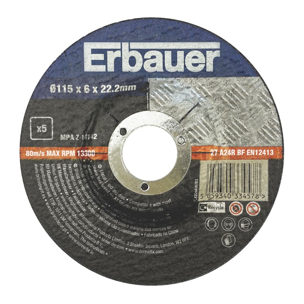 Lot de 5 disques à meuler pour métal 115 mm x 6 mm x 22,2 mm Erbauer