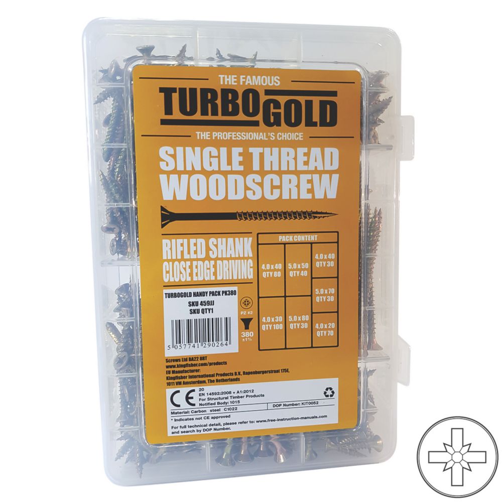 TurboGold Assortiment de vis à bois à double tête fraisée PZ, 380 pièces