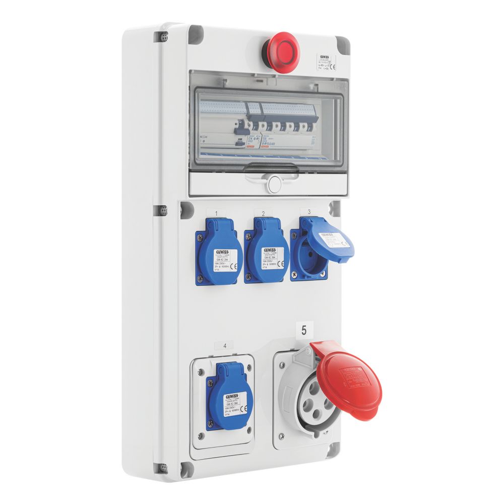 Coffret de chantier IP44 triphasé avec différentiel général 3MA + 4 prises 23V 16A + 1 prise 4V 32A + arrêt d’urgence Gewiss