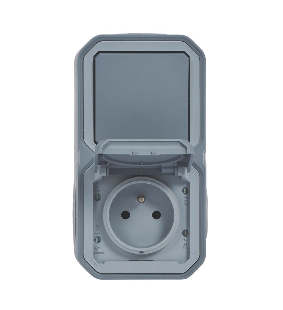 Prise terre et interrupteur va-et-vient 2 postes étanche pose verticale complet grise Legrand Plexo