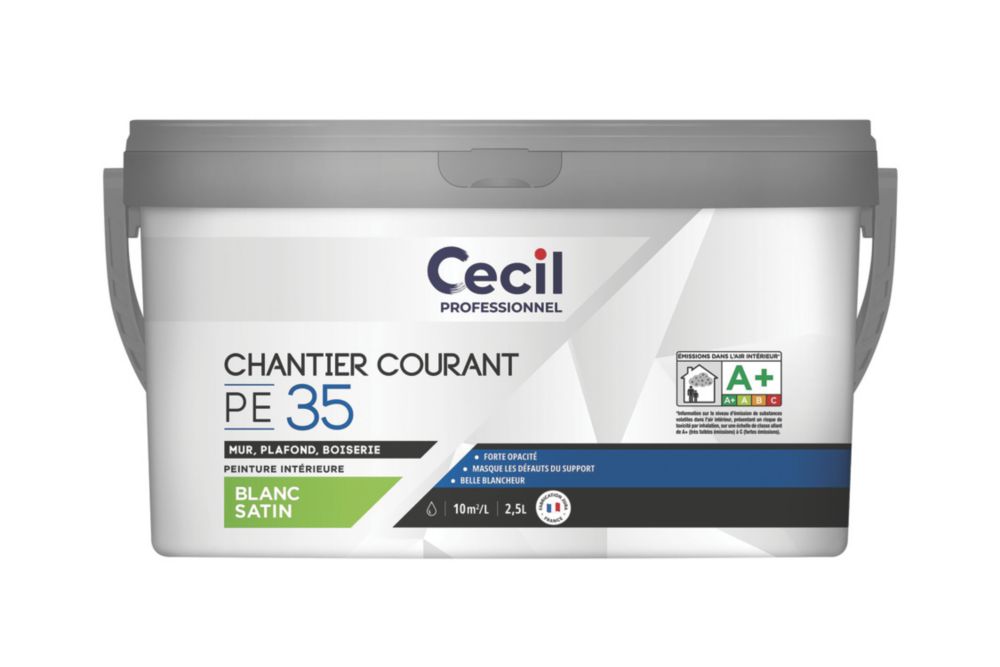 Peinture murale acrylique satinée blanche 2,5 litres Cecil Professional