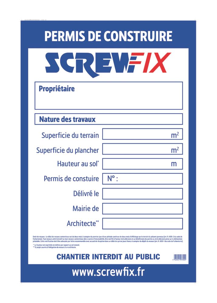 Tableau d'information pour chantier 1200mm x 800mm 1 pièce