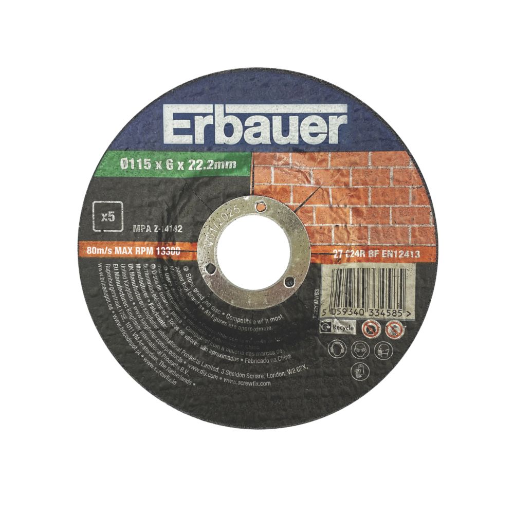 Lot de 5 disques à meuler pour pierre 115 mm x 6 mm x 22,2 mm Erbauer