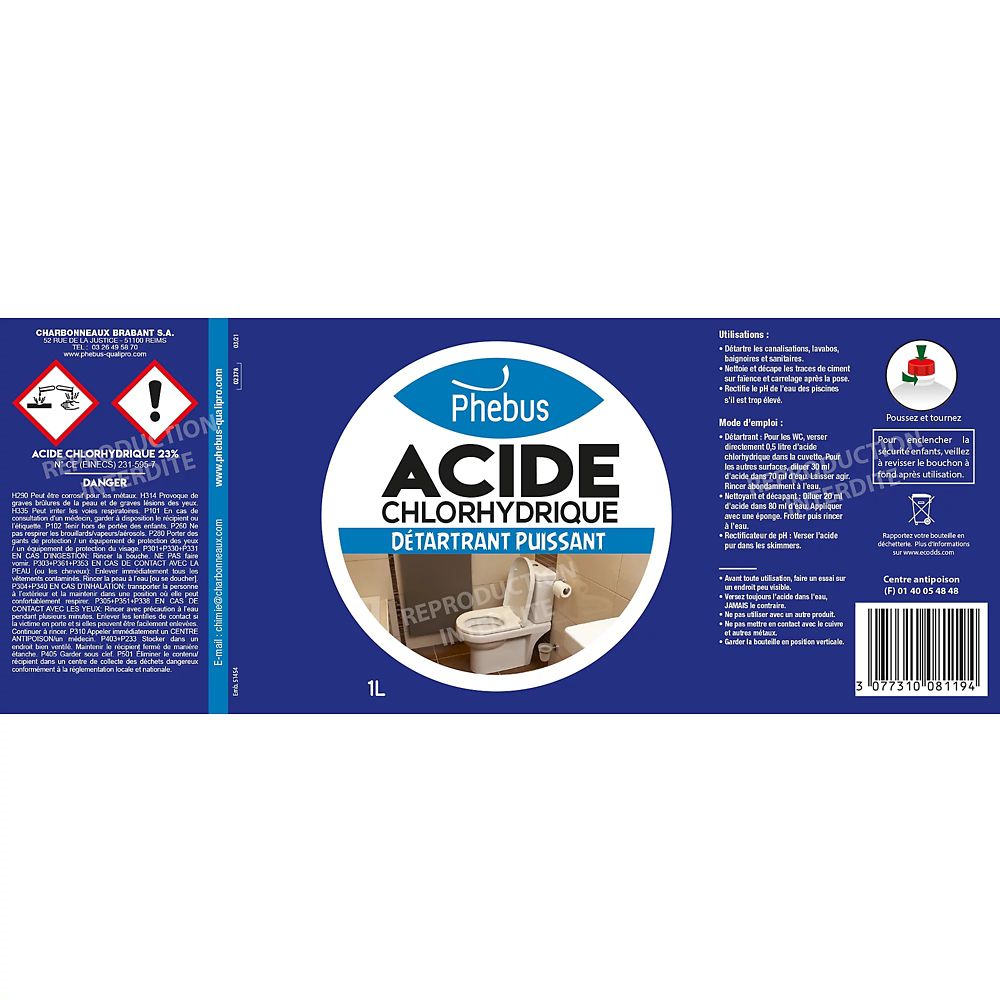 Acide chlorydrique 1l, Produits chimiques de nettoyage