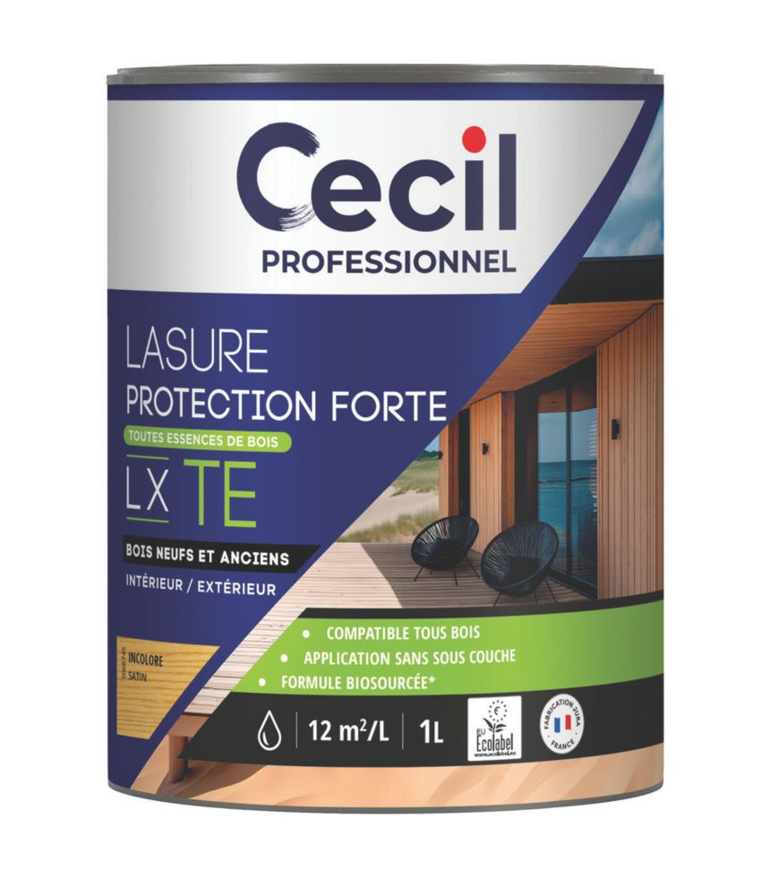 Lasure pour bois intérieur et extérieur à base d'acrylique transparent satiné 1L Cecil Professionnel